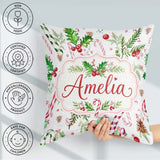 Custom Name Watercolor Candy Cane Holly Berry Pinecone Christmas Square Filled Cushion Throw Pillow Sofa Bed Home Decor Zip Washable UK Made