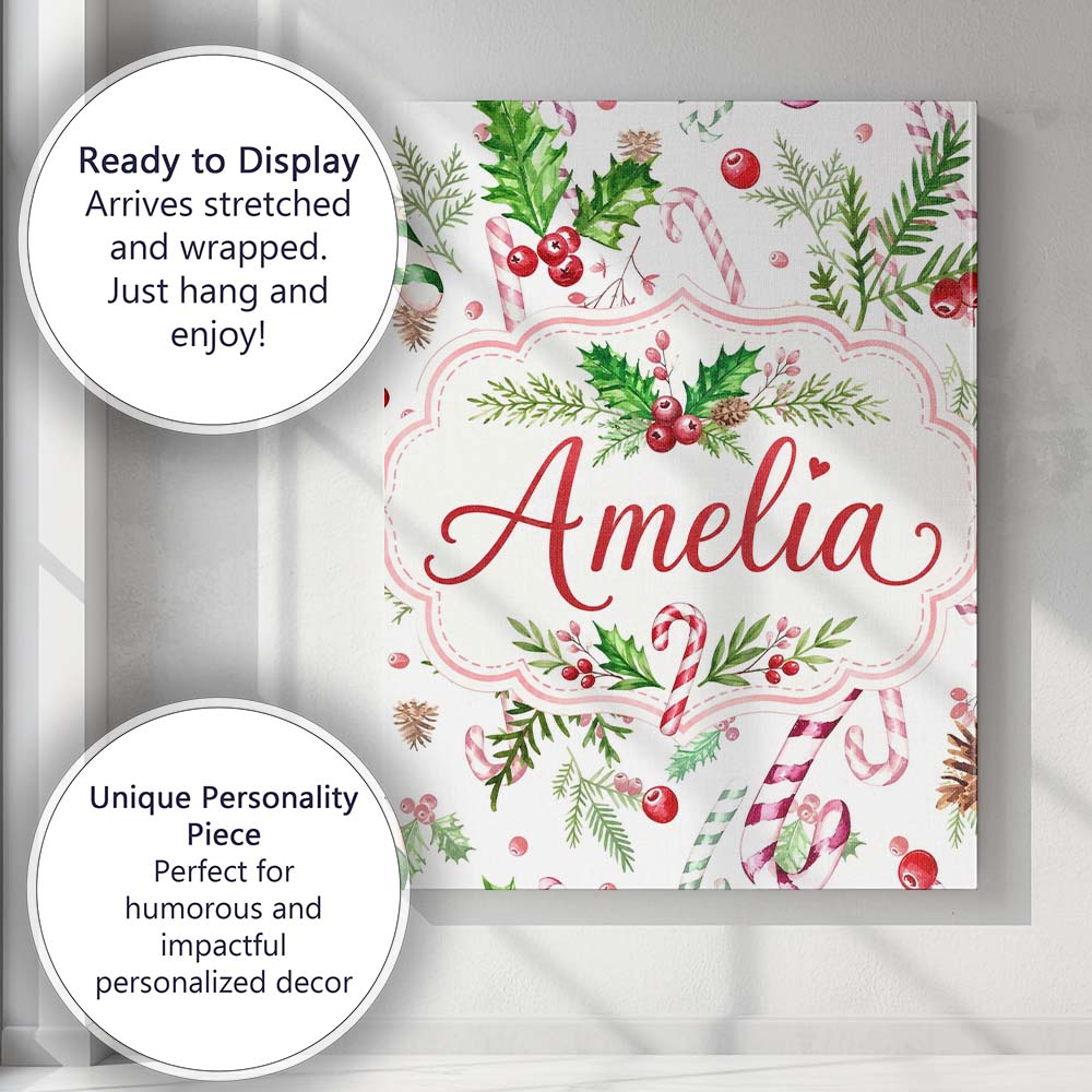 Personalised Name Watercolor Candy Cane Custom  Modern Room Accent Elegant Feature Canvas Wall Art Print Decor Picture Ready to Hang
