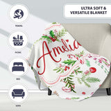 Watercolor Candy Cane Holly Berry Pinecone Christmas Seamless Lovely  Personalised Custom Name Super Soft Fleece Blanket Bed Sofa Throw