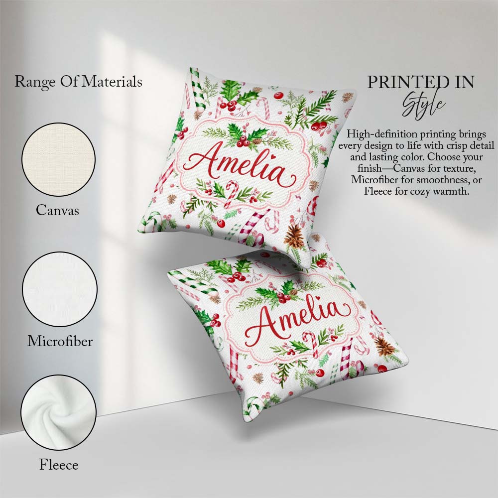 Custom Name Watercolor Candy Cane Holly Berry Pinecone Christmas Square Filled Cushion Throw Pillow Sofa Bed Home Decor Zip Washable UK Made