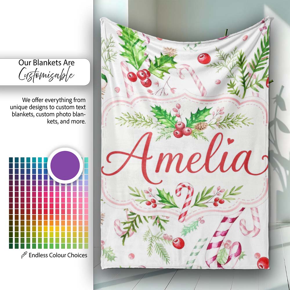 Watercolor Candy Cane Holly Berry Pinecone Christmas Seamless Lovely  Personalised Custom Name Super Soft Fleece Blanket Bed Sofa Throw