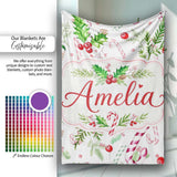 Watercolor Candy Cane Holly Berry Pinecone Christmas Seamless Lovely  Personalised Custom Name Super Soft Fleece Blanket Bed Sofa Throw