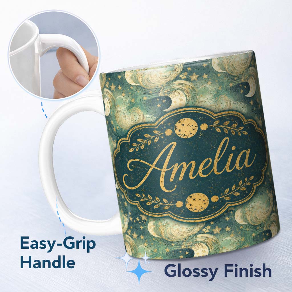 Personalized Custom Name Celestial Moon and Stars Seamless Pattern Dreamy Night Sky Design 11oz Ceramic Coffee Tea Mug White Large Handle