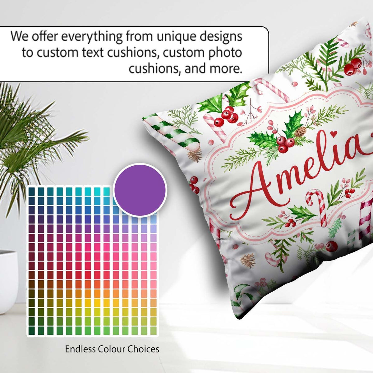 Custom Name Watercolor Candy Cane Holly Berry Pinecone Christmas Square Filled Cushion Throw Pillow Sofa Bed Home Decor Zip Washable UK Made
