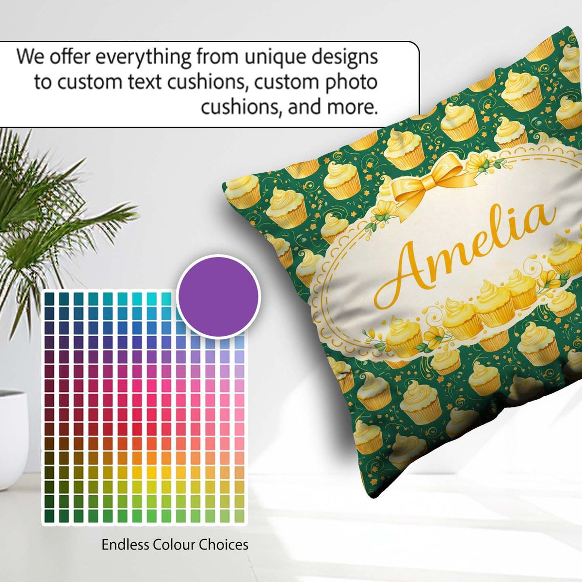 Custom Name Cupcake Dessert Pattern Dark Green Food Illustration Square Filled Cushion Throw Pillow Sofa Bed Home Decor Zip Washable UK Made