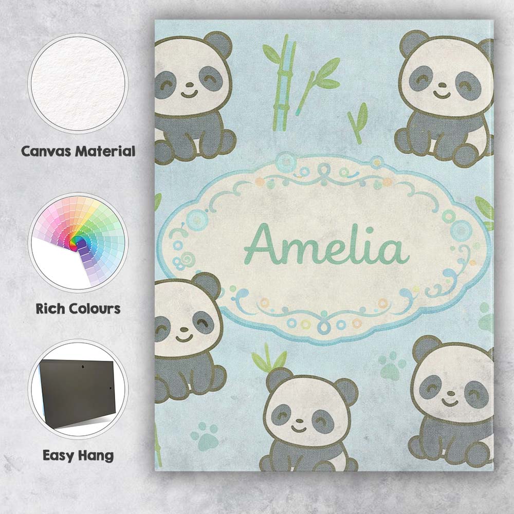 Personalised Name Cute Panda Bamboo Cartoon Animal Pattern Stylish Custom  Unique Canvas Wall Art Print Decor Picture Ready to Hang