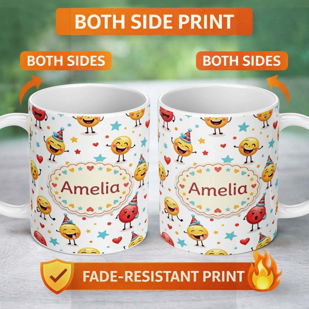 Personalized Custom Name Cute Happy Emoji Faces Party Hats Celebration Seamless Pattern 11oz Ceramic Coffee Tea Mug White Large Handle
