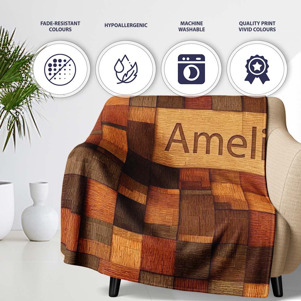 Wooden Parquet Square Texture Seamless Pattern Thoughtful Gift Idea  Personalised Custom Name Super Soft Fleece Blanket Bed Sofa Throw