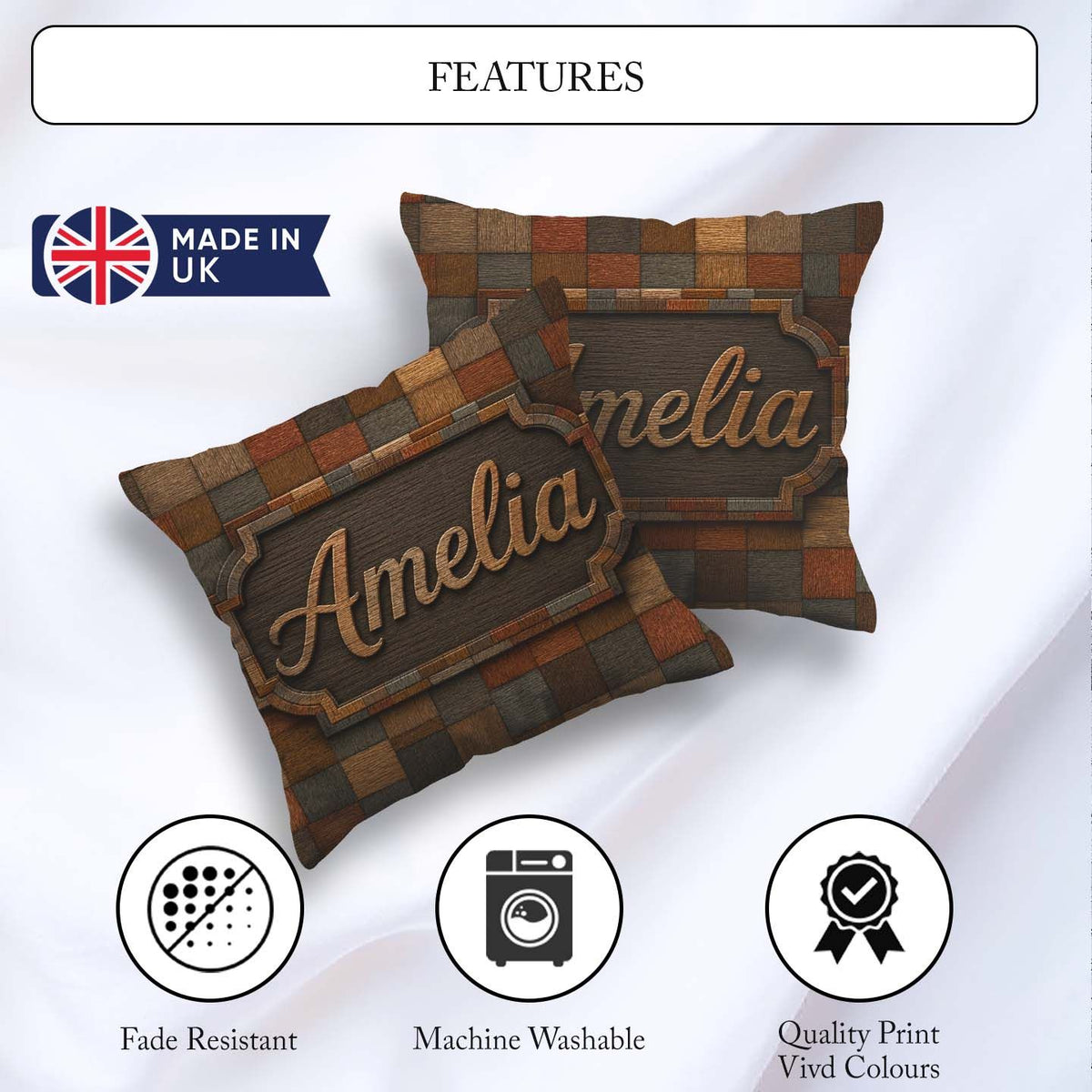 Custom Name Natural Wooden Square Parquet Texture Pattern Lovely Square Filled Cushion Throw Pillow Sofa Bed Home Decor Zip Washable UK Made