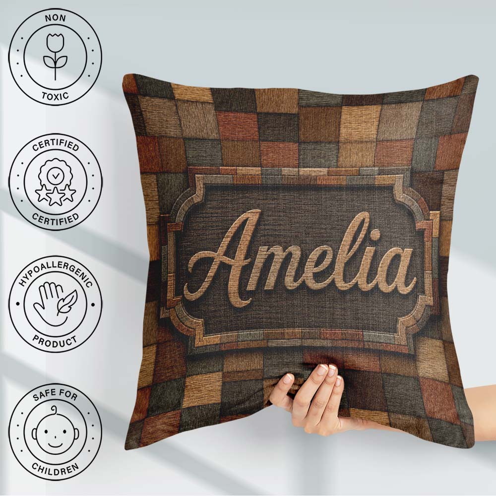 Custom Name Natural Wooden Square Parquet Texture Pattern Lovely Square Filled Cushion Throw Pillow Sofa Bed Home Decor Zip Washable UK Made