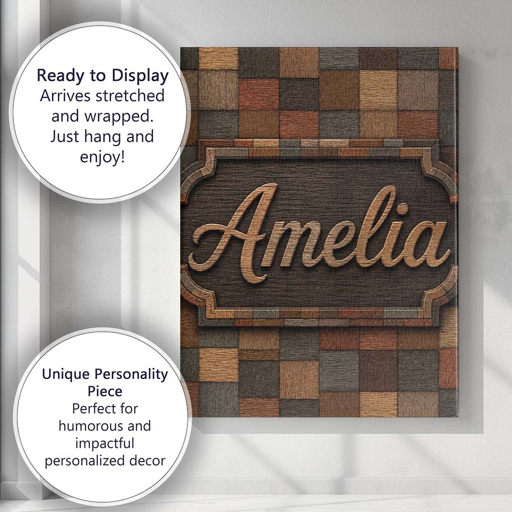 Personalised Name Natural Wooden Square Custom  Modern Room Accent Elegant Feature Canvas Wall Art Print Decor Picture Ready to Hang