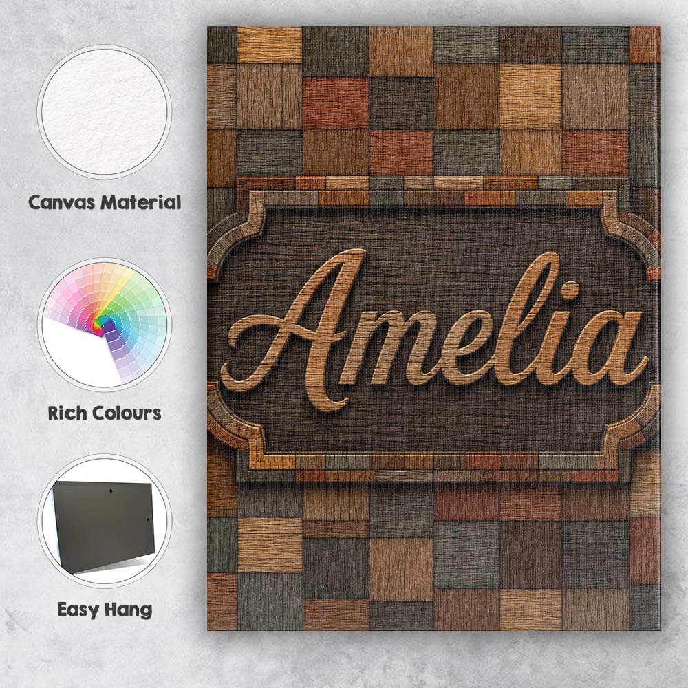 Personalised Name Natural Wooden Square Custom  Modern Room Accent Elegant Feature Canvas Wall Art Print Decor Picture Ready to Hang