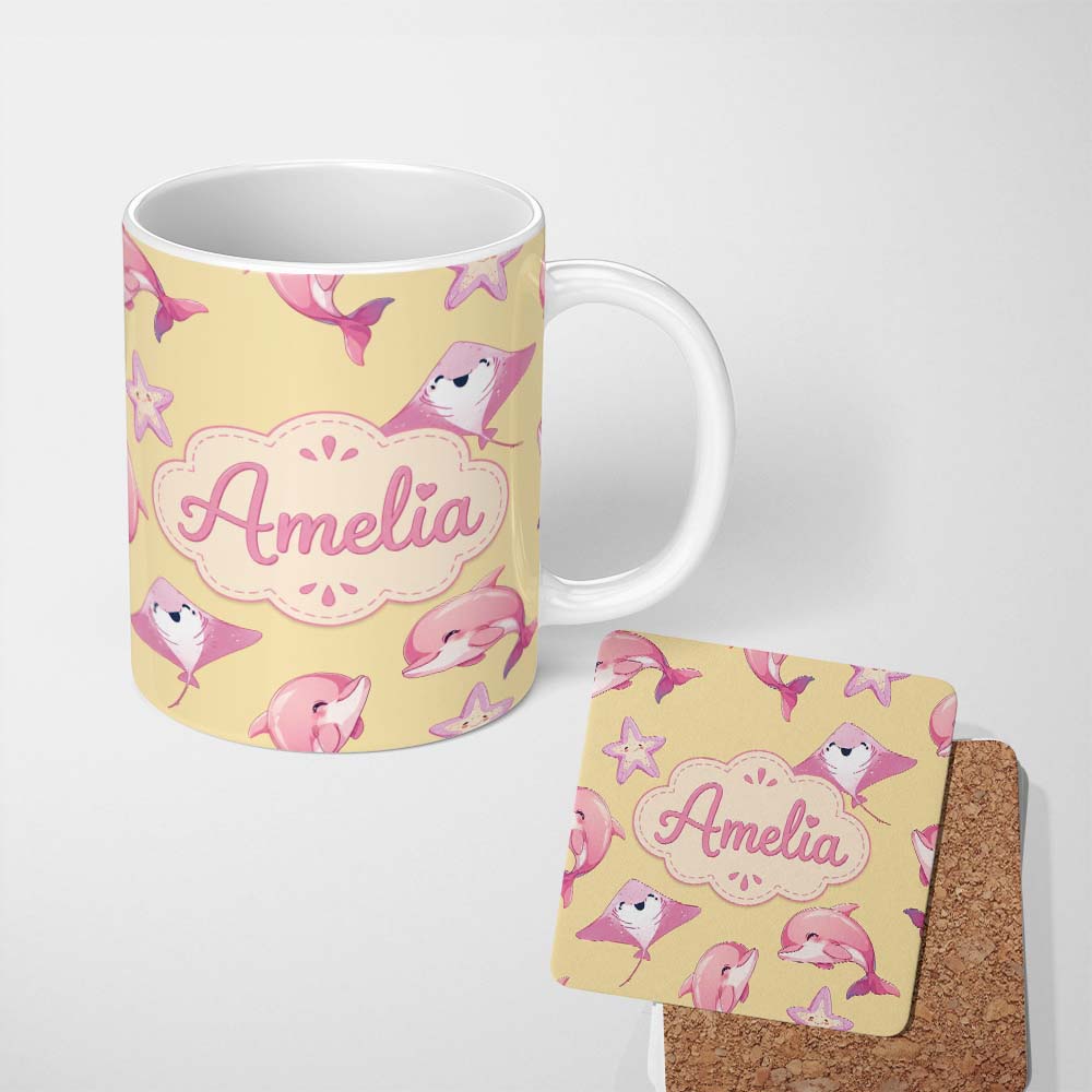 Personalized Custom Name Cute Pink Dolphins and Starfish Seamless Ocean Pattern Yellow Lovely 11oz Ceramic Coffee Tea Mug White Large Handle