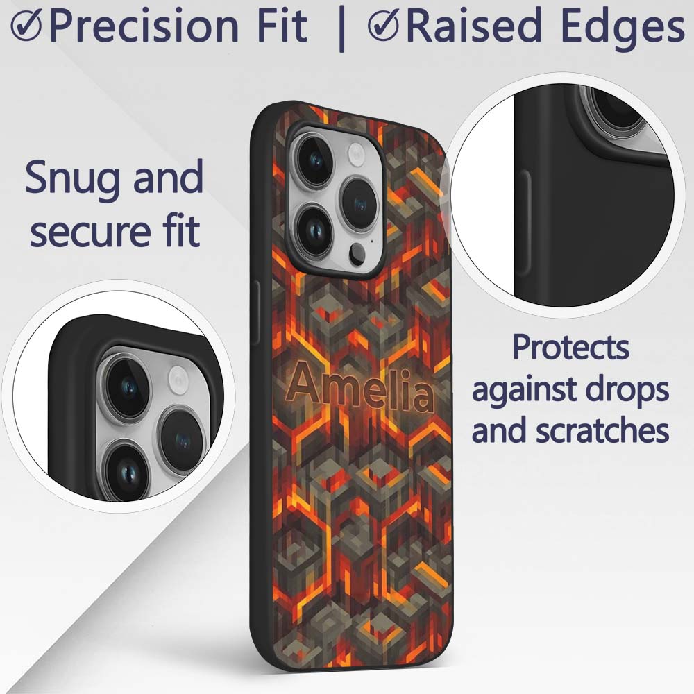 Fiery Lava Cube Geometric Abstract Printed Design Custom Name Protective Phone Case Mobile Cover Durable Everyday Smartphone Shock Resistant