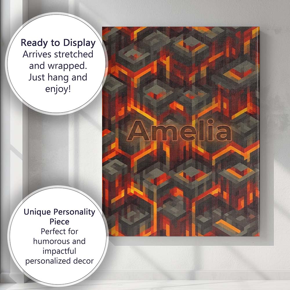 Personalised Name Fiery Lava Cube Geometric Custom  Bespoke Interior Contemporary Canvas Wall Art Print Decor Picture Ready to Hang