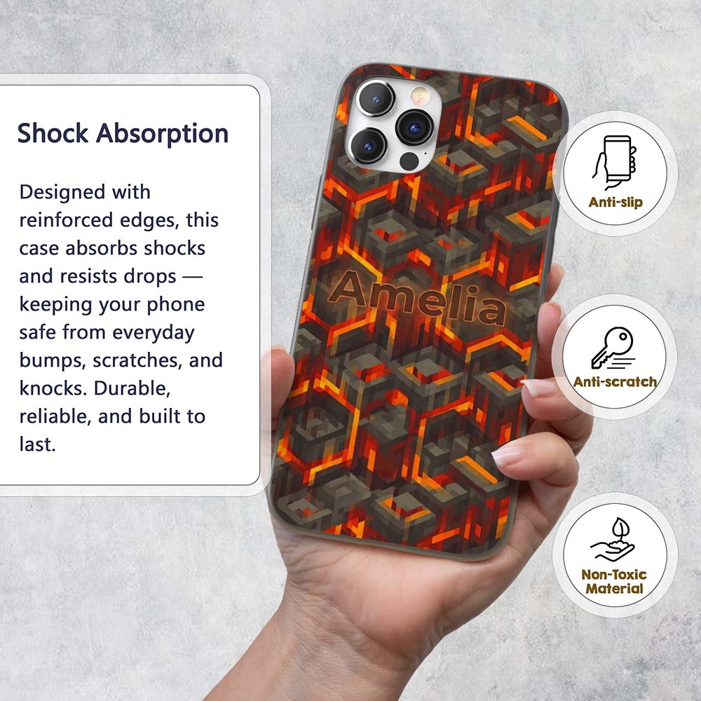 Fiery Lava Cube Geometric Abstract Printed Design Custom Name Protective Phone Case Mobile Cover Durable Everyday Smartphone Shock Resistant