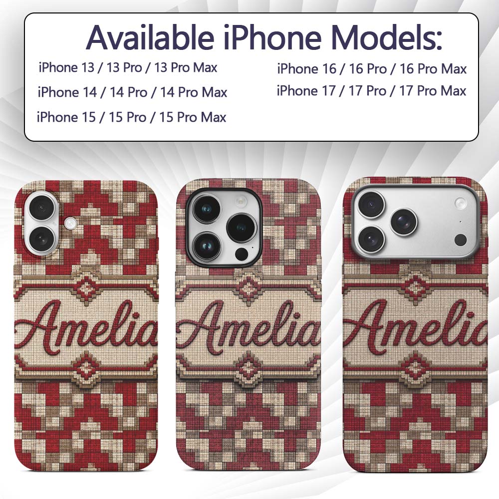 Red Beige Pixel Grid Geometric Abstract Seamless Custom Name Protective Phone Case Mobile Cover Durable Everyday Smartphone Shock Resistant