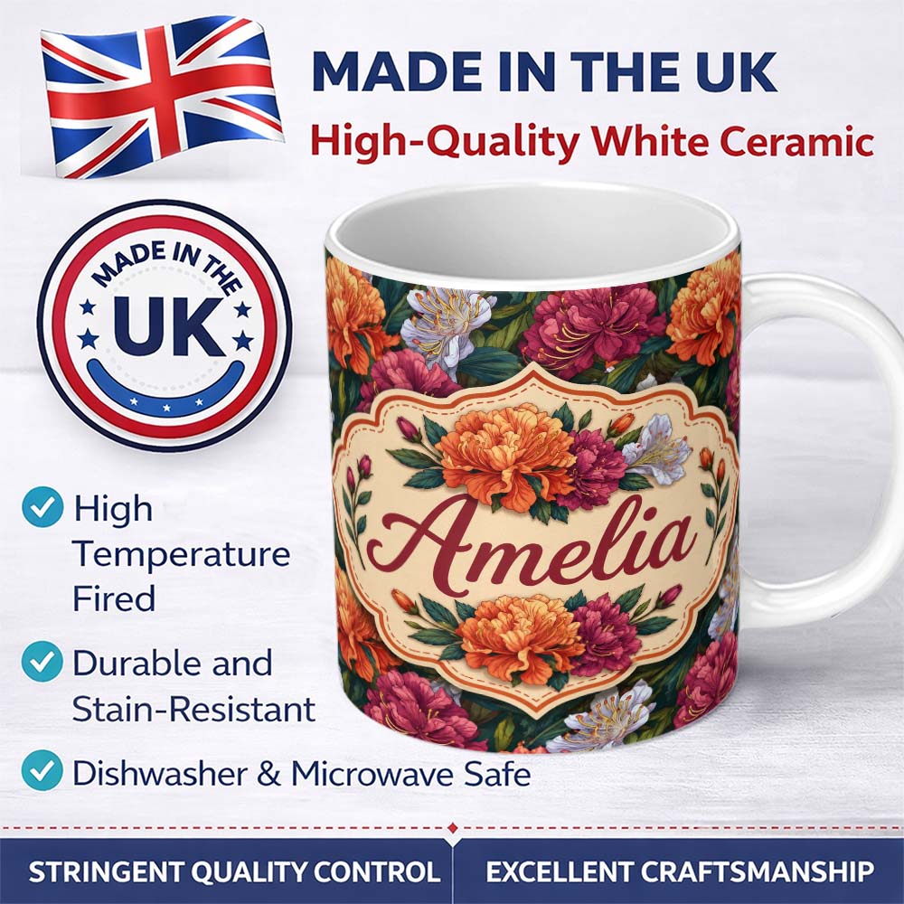 Personalized Custom Name Orange Purple and White Floral Botanical Seamless Pattern Lovely 11oz Ceramic Coffee Tea Mug White Large Handle