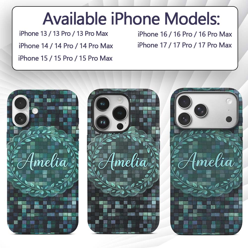 Blue Green Square Tile Mosaic Texture Seamless Custom Name Protective Phone Case Mobile Cover Durable Everyday Smartphone Shock Resistant