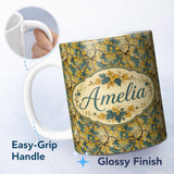 Personalized Custom Name Soft Neutral Botanical Leaves and Twisting Vines Seamless Pattern 11oz Ceramic Coffee Tea Mug White Large Handle
