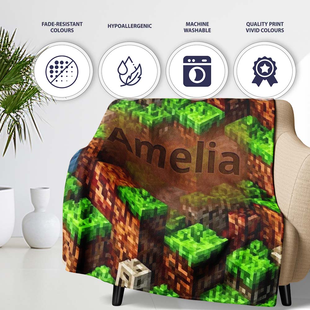 Minecraft Style Grass Dirt Blocks Landscape Seamless Pattern Lovely  Personalised Custom Name Super Soft Fleece Blanket Bed Sofa Throw