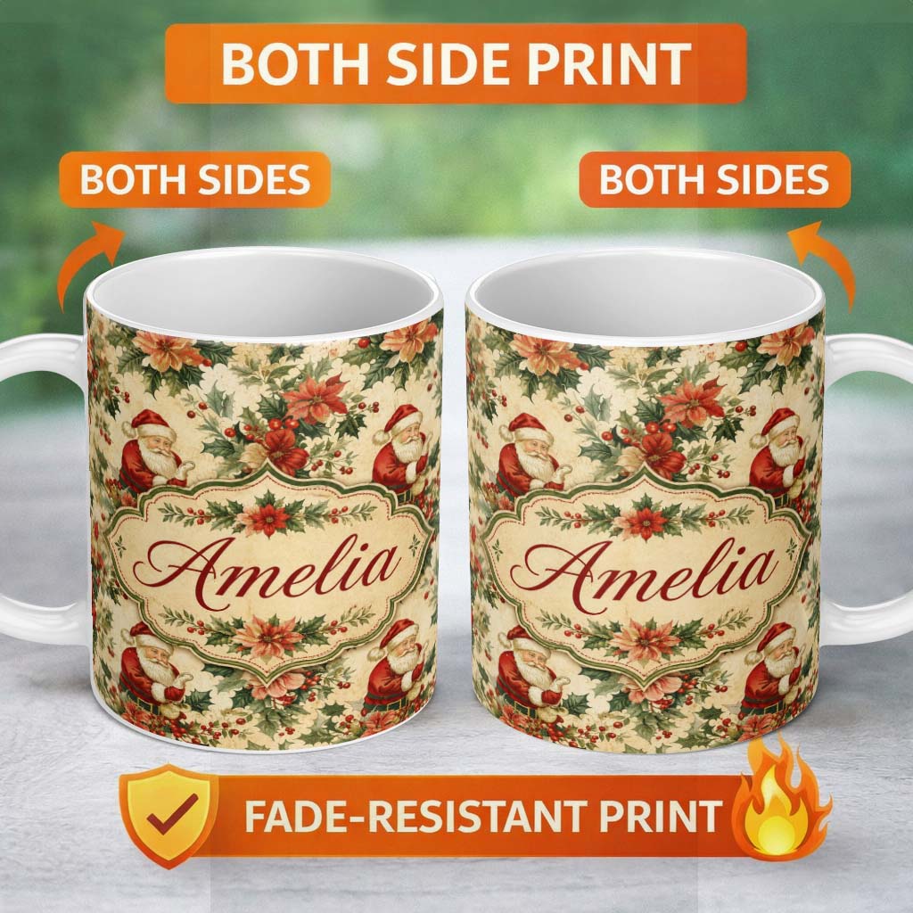 Personalized Custom Name Vintage Santa Claus Holly Leaves Floral Christmas Seamless Pattern 11oz Ceramic Coffee Tea Mug White Large Handle