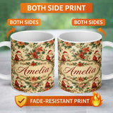 Personalized Custom Name Vintage Santa Claus Holly Leaves Floral Christmas Seamless Pattern 11oz Ceramic Coffee Tea Mug White Large Handle