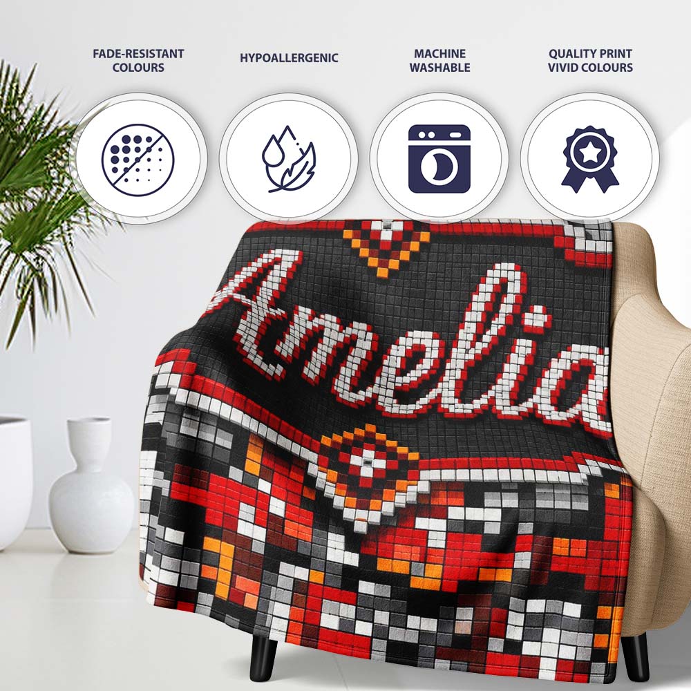 Red Black Grey Pixelated Abstract Mosaic Seamless Pattern Lovely  Personalised Custom Name Super Soft Fleece Blanket Bed Sofa Throw