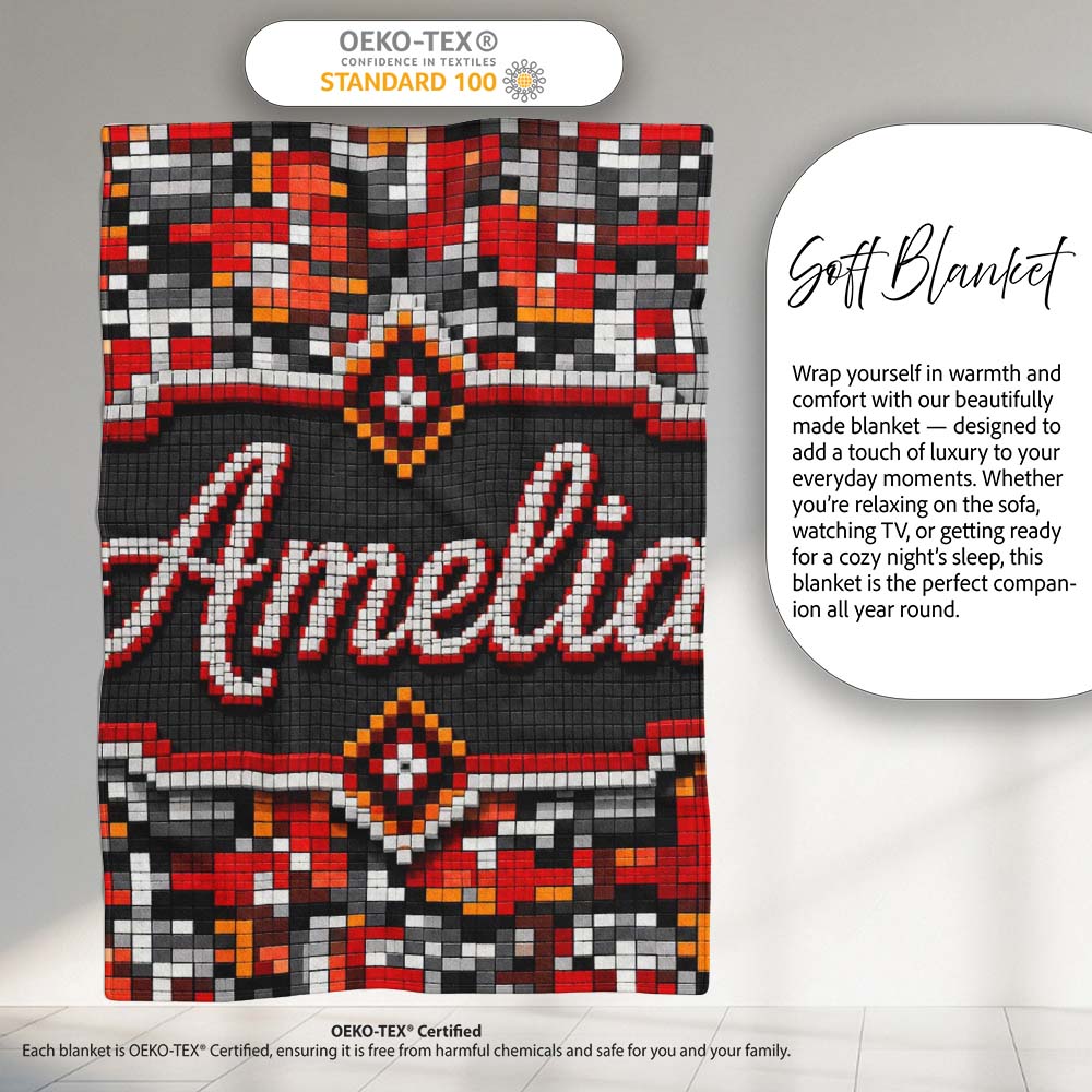 Red Black Grey Pixelated Abstract Mosaic Seamless Pattern Lovely  Personalised Custom Name Super Soft Fleece Blanket Bed Sofa Throw