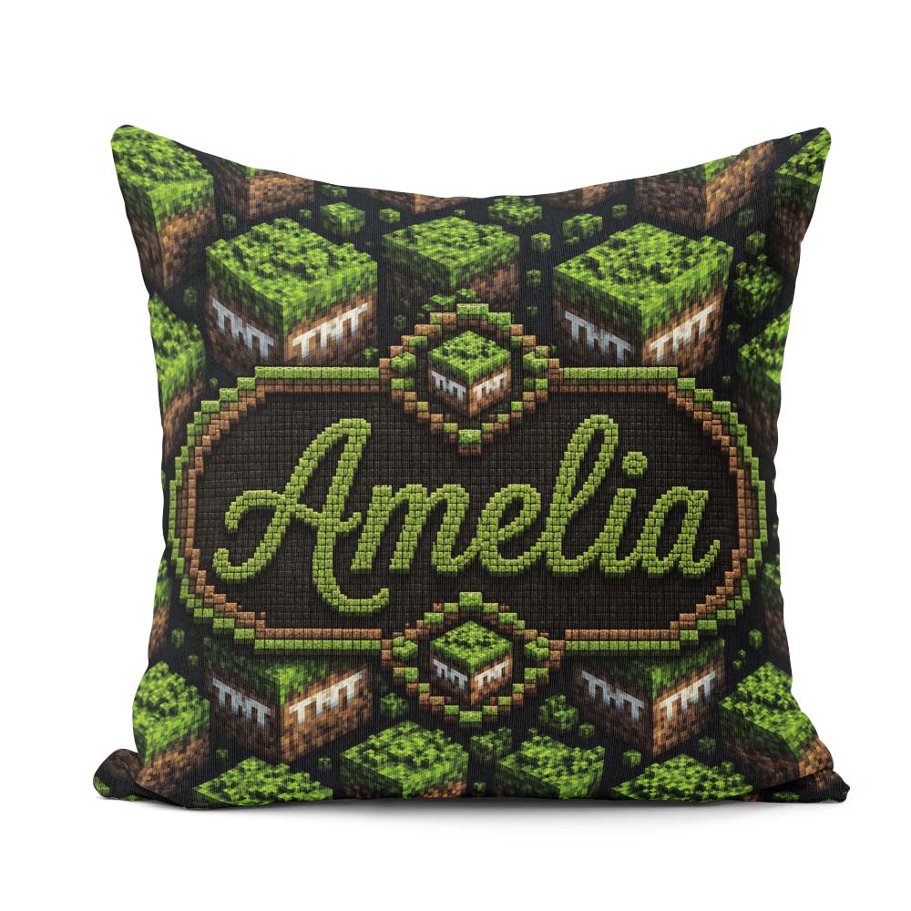 Custom Name Floating Grass Block Night Landscape Seamless Lovely Square Filled Cushion Throw Pillow Sofa Bed Home Decor Zip Washable UK Made