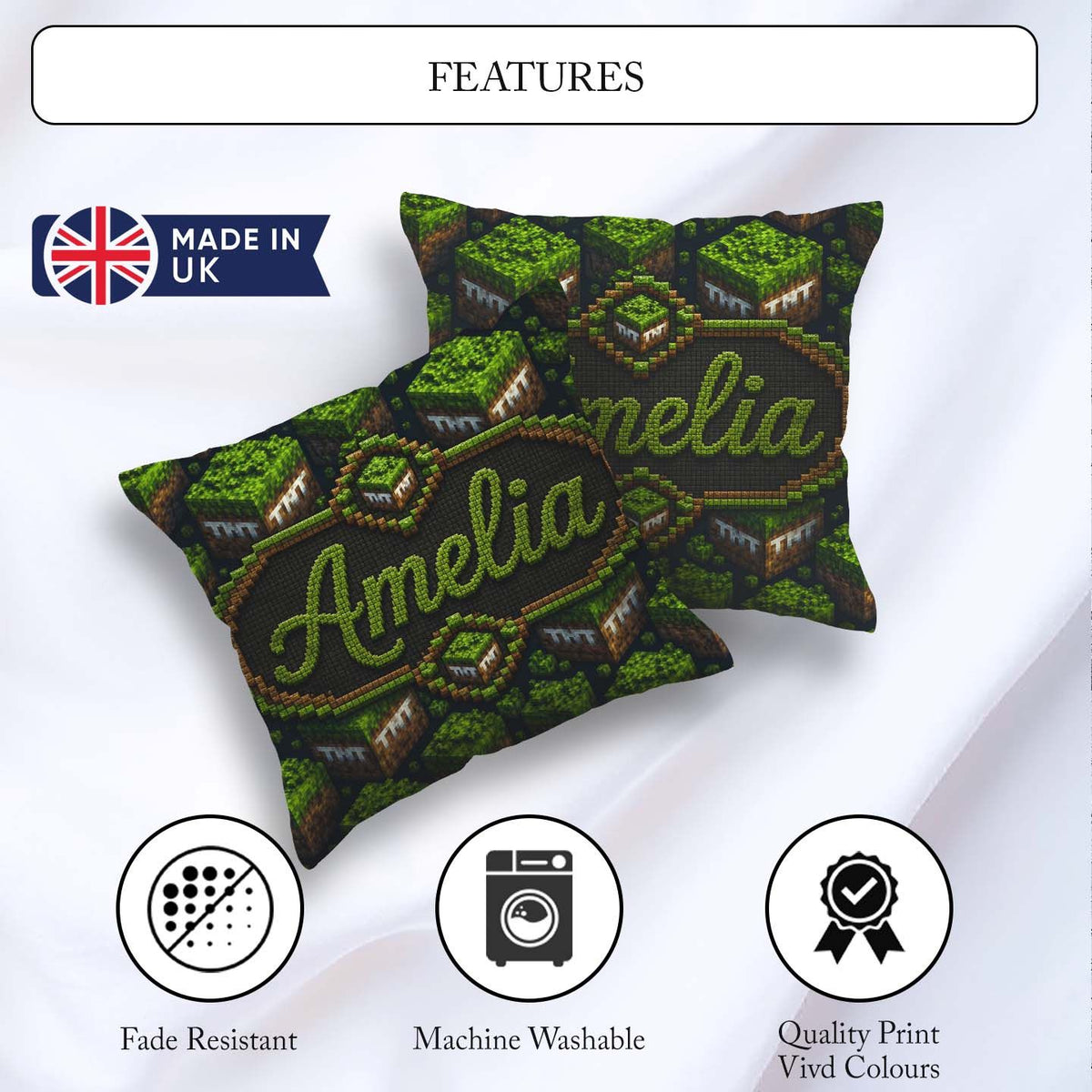 Custom Name Floating Grass Block Night Landscape Seamless Lovely Square Filled Cushion Throw Pillow Sofa Bed Home Decor Zip Washable UK Made