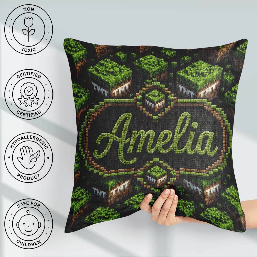 Custom Name Floating Grass Block Night Landscape Seamless Lovely Square Filled Cushion Throw Pillow Sofa Bed Home Decor Zip Washable UK Made
