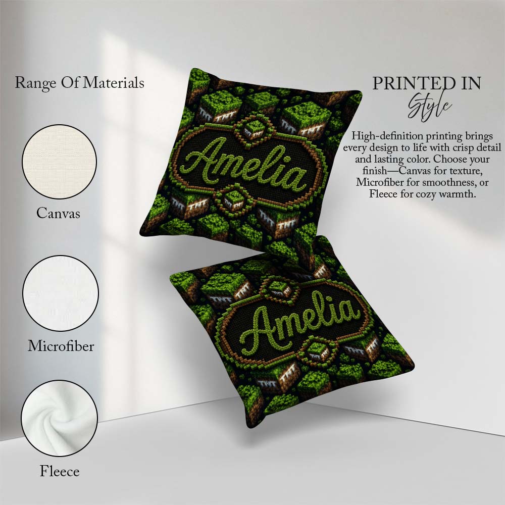 Custom Name Floating Grass Block Night Landscape Seamless Lovely Square Filled Cushion Throw Pillow Sofa Bed Home Decor Zip Washable UK Made