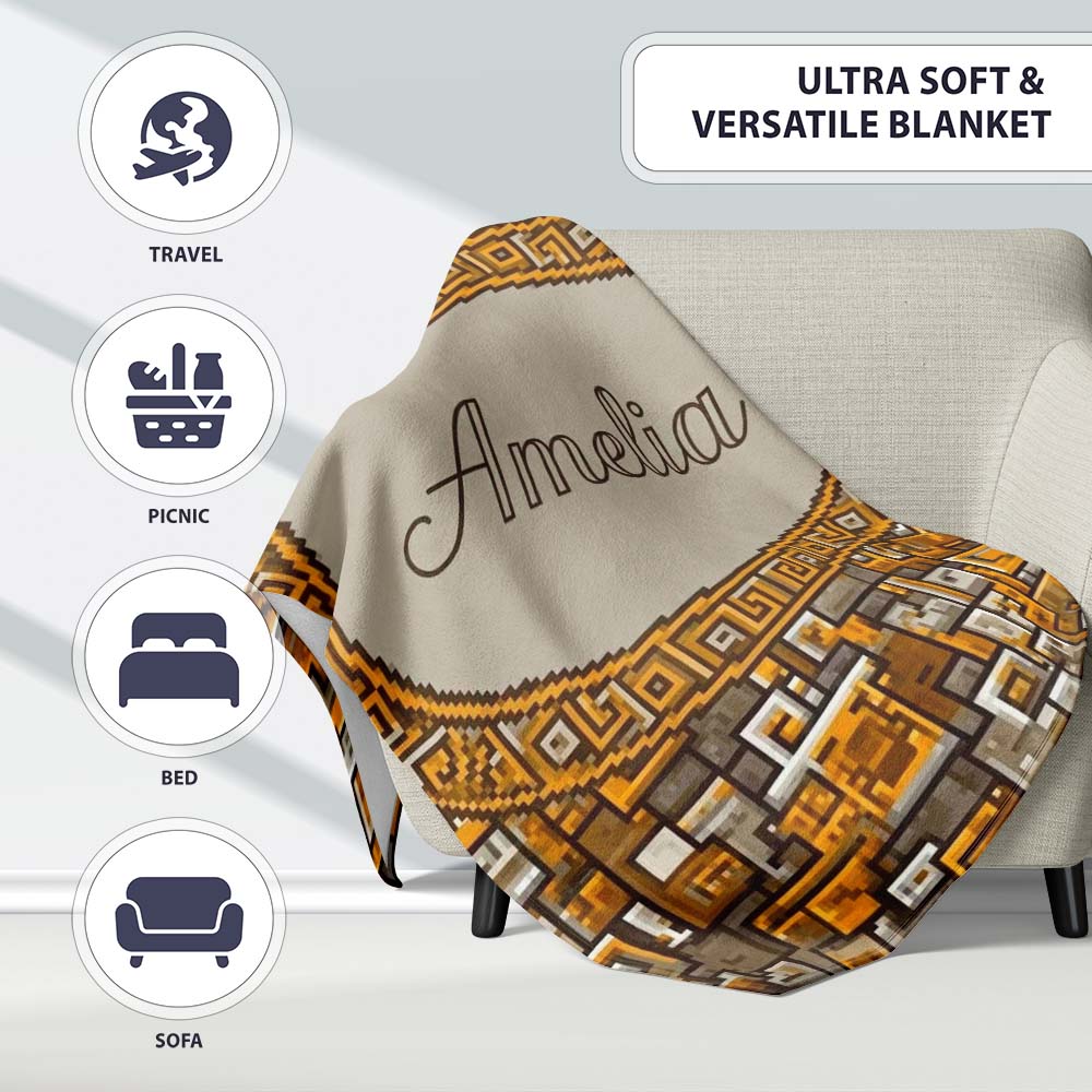 Orange Grey Geometric Maze Abstract Seamless Pattern Lovely  Personalised Custom Name Super Soft Fleece Blanket Bed Sofa Throw