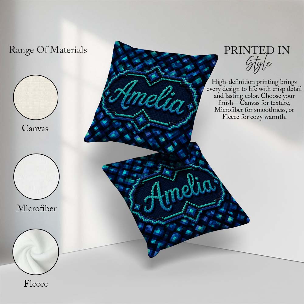 Custom Name Blue Teal Diamond Pixel Abstract Seamless Pattern Square Filled Cushion Throw Pillow Sofa Bed Home Decor Zip Washable UK Made