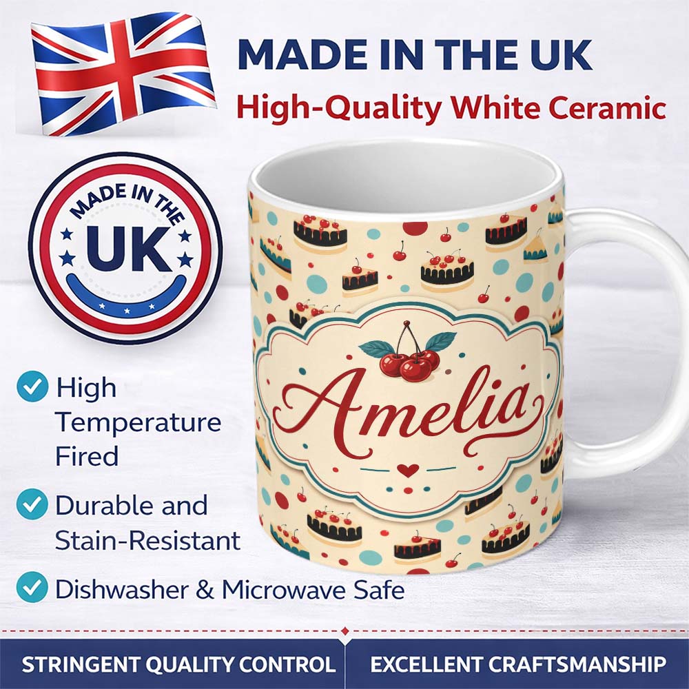 Personalized Custom Name Polka Dot Cake and Slice Dessert Seamless Pattern Cute Unique Gift 11oz Ceramic Coffee Tea Mug White Large Handle