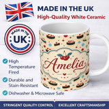 Personalized Custom Name Polka Dot Cake and Slice Dessert Seamless Pattern Cute Unique Gift 11oz Ceramic Coffee Tea Mug White Large Handle