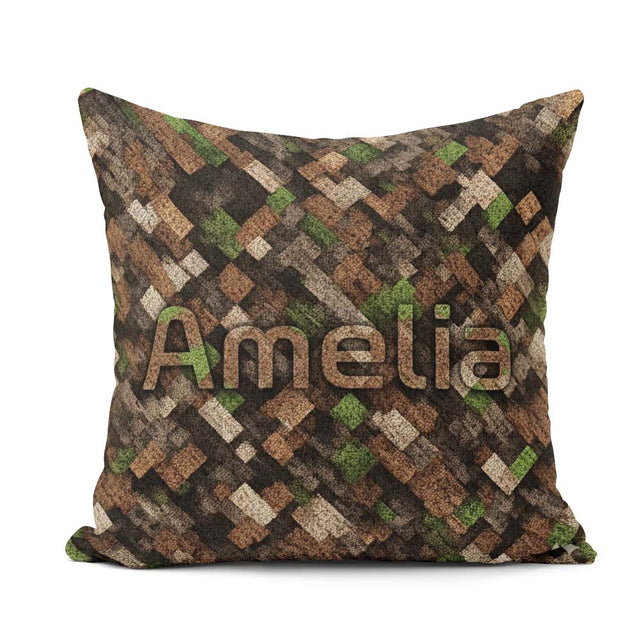 Custom Name Brown Green Camouflage Pixel Abstract Pattern Lovely Square Filled Cushion Throw Pillow Sofa Bed Home Decor Zip Washable UK Made