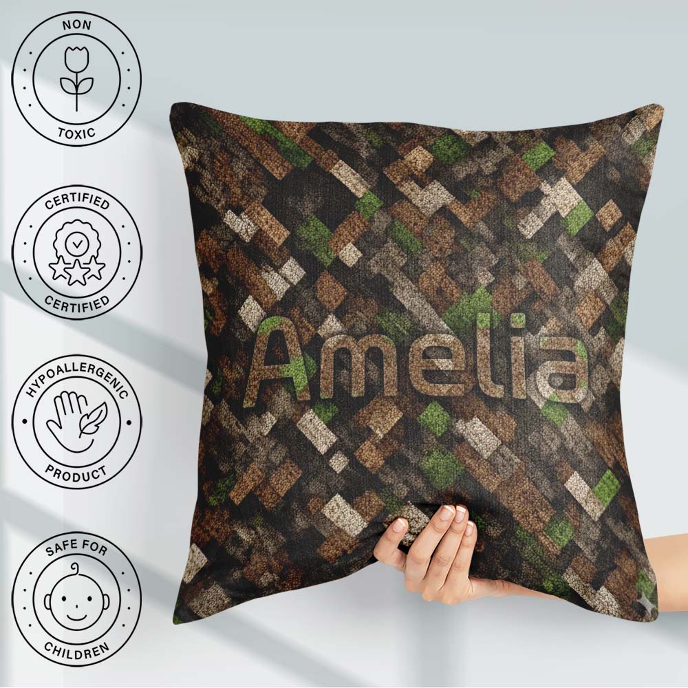 Custom Name Brown Green Camouflage Pixel Abstract Pattern Lovely Square Filled Cushion Throw Pillow Sofa Bed Home Decor Zip Washable UK Made