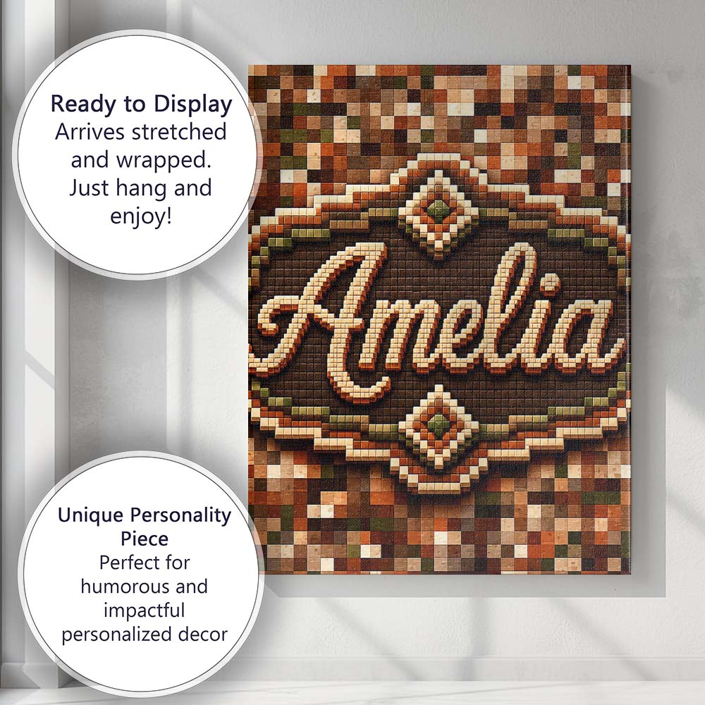 Personalised Name Earth Tone Pixel Mosaic Custom  Unique Gift Idea Elegant Feature Canvas Wall Art Print Decor Picture Ready to Hang