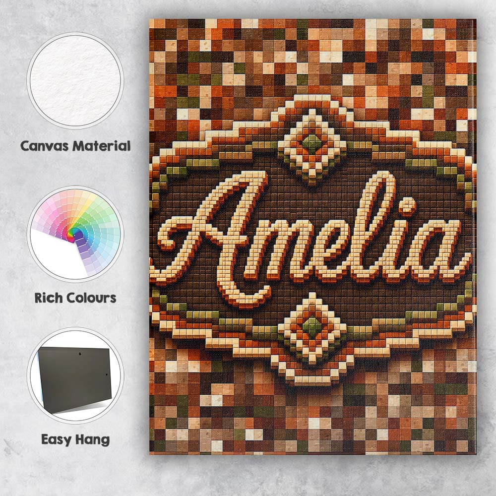 Personalised Name Earth Tone Pixel Mosaic Custom  Unique Gift Idea Elegant Feature Canvas Wall Art Print Decor Picture Ready to Hang