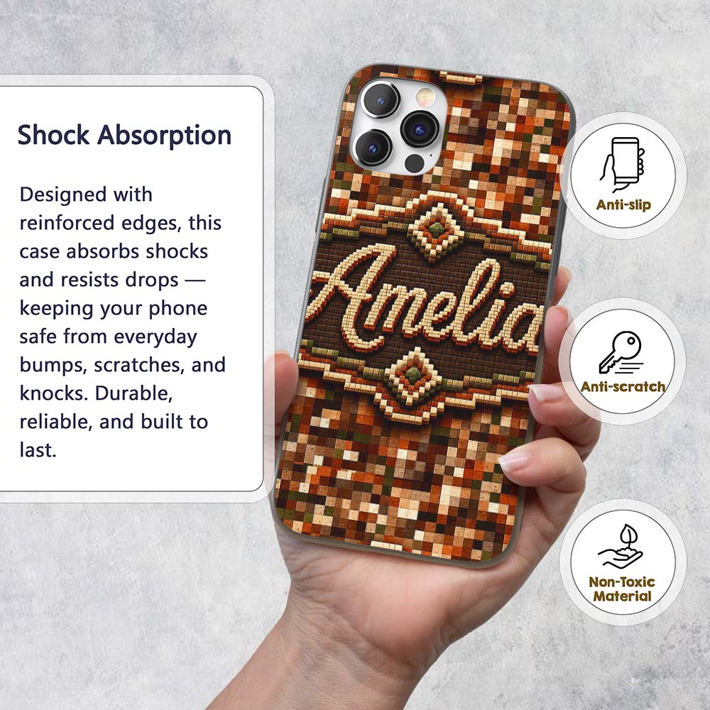 Earth Tone Pixel Mosaic Abstract Seamless Pattern Custom Name Protective Phone Case Mobile Cover Durable Everyday Smartphone Shock Resistant