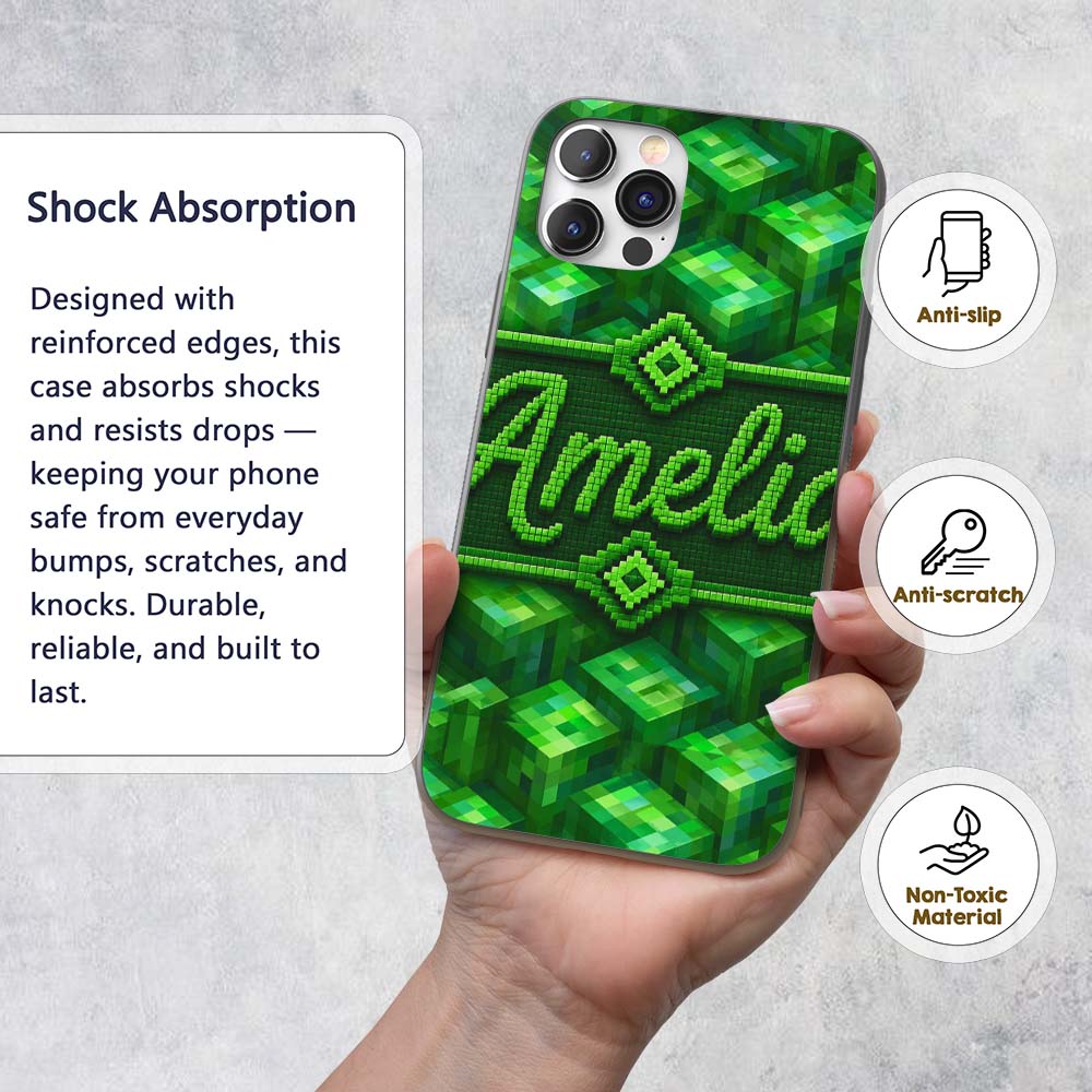 Green 3D Cube Block Abstract Seamless Pattern Custom Name Protective Phone Case Mobile Cover Durable Everyday Smartphone Shock Resistant