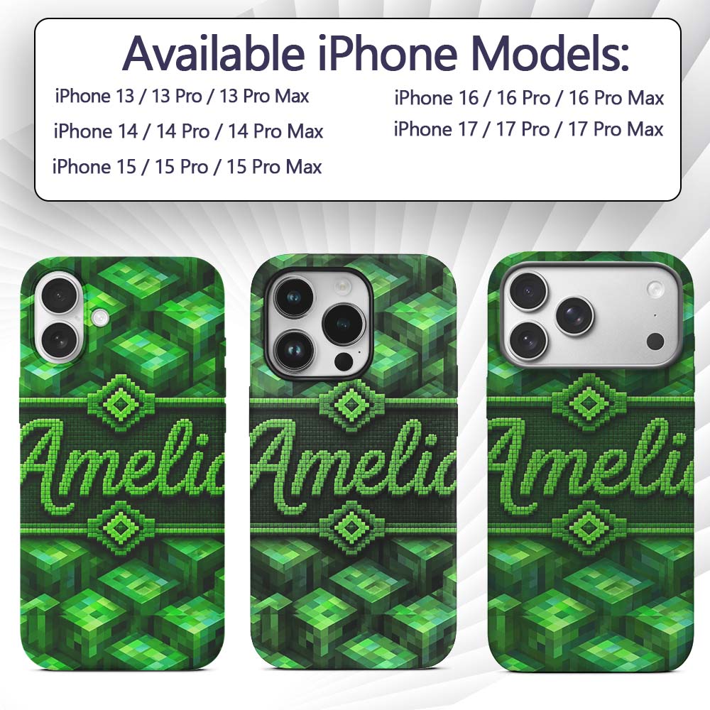 Green 3D Cube Block Abstract Seamless Pattern Custom Name Protective Phone Case Mobile Cover Durable Everyday Smartphone Shock Resistant