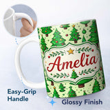 Personalized Custom Name Cartoon Style Christmas Trees with Ornaments and Stars Cute Seamless 11oz Ceramic Coffee Tea Mug White Large Handle