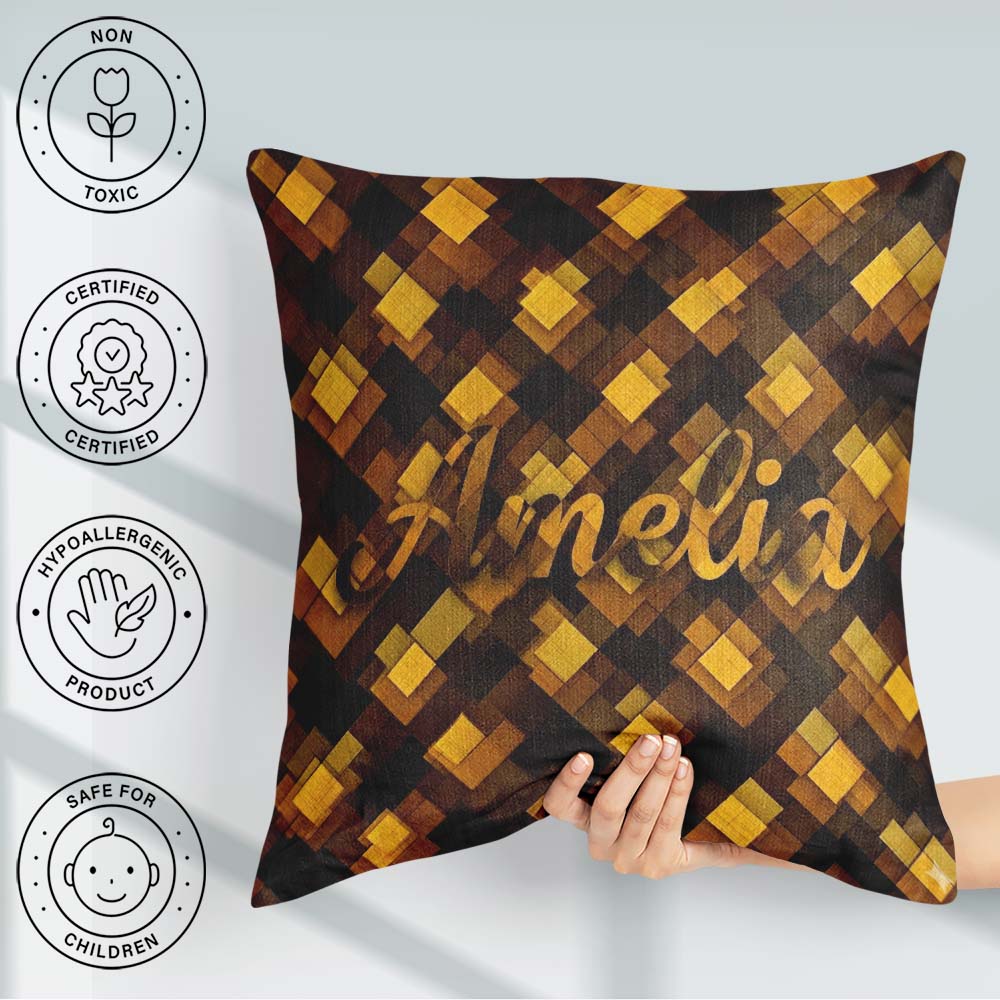 Custom Name Brown Gold Geometric Square Abstract Seamless Lovely Square Filled Cushion Throw Pillow Sofa Bed Home Decor Zip Washable UK Made