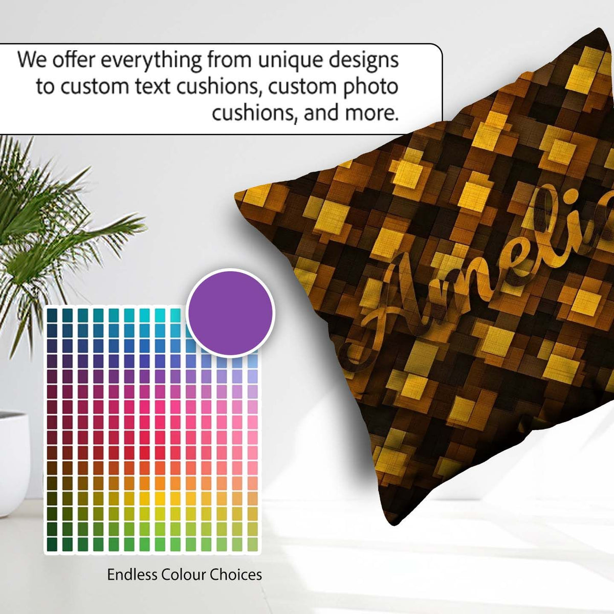 Custom Name Brown Gold Geometric Square Abstract Seamless Lovely Square Filled Cushion Throw Pillow Sofa Bed Home Decor Zip Washable UK Made