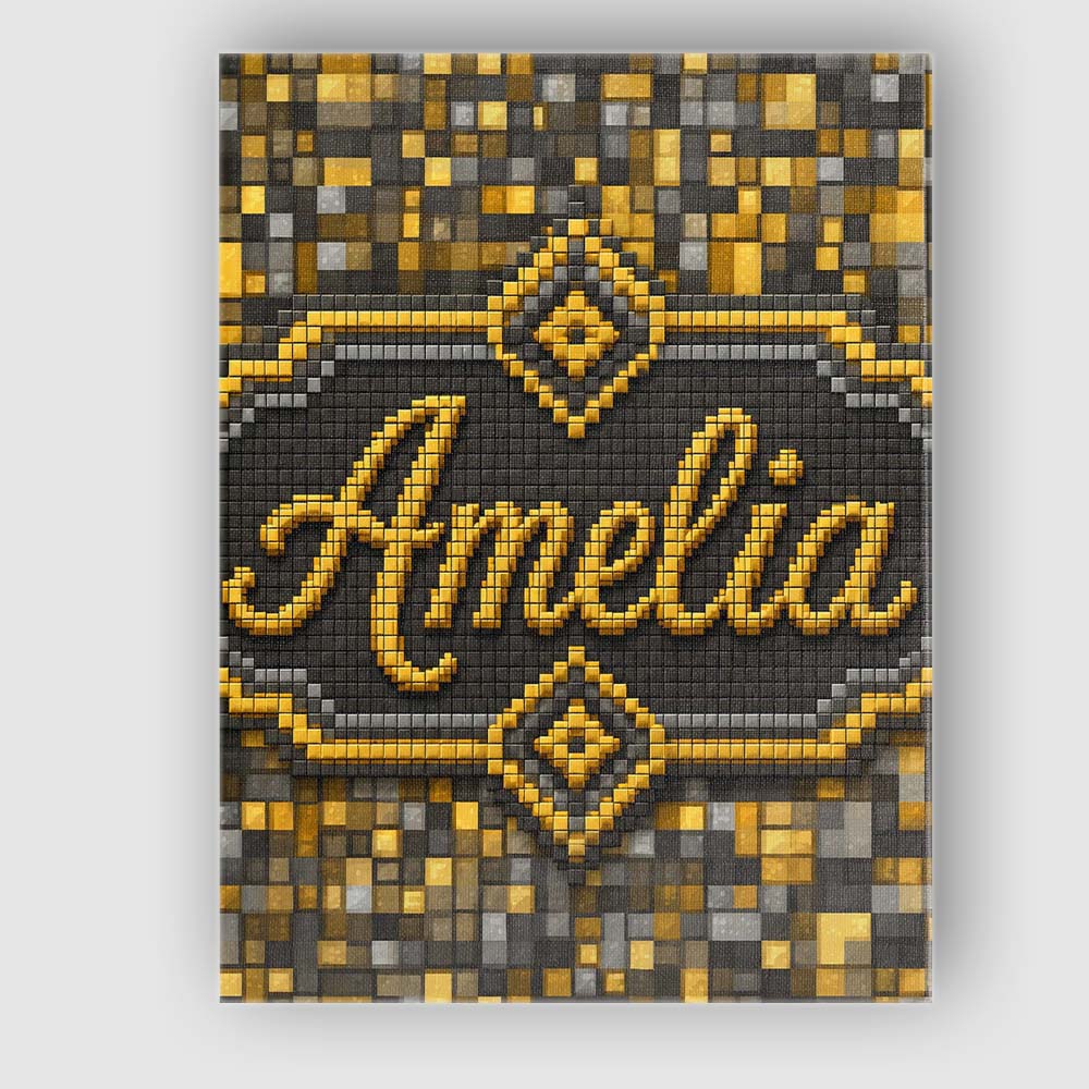 Personalised Name Golden Grey Pixel Mosaic Custom  Unique Gift Idea Elegant Feature Canvas Wall Art Print Decor Picture Ready to Hang
