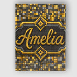 Personalised Name Golden Grey Pixel Mosaic Custom  Unique Gift Idea Elegant Feature Canvas Wall Art Print Decor Picture Ready to Hang
