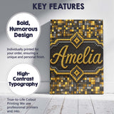 Personalised Name Golden Grey Pixel Mosaic Custom  Unique Gift Idea Elegant Feature Canvas Wall Art Print Decor Picture Ready to Hang